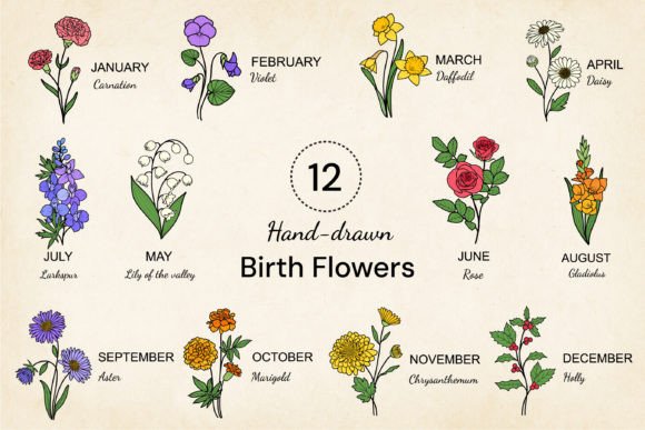 12 X Birth Flowers SVG: Colorful Graphics & Illustrations