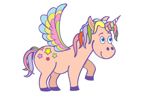 Cute Unicorn Color Drawing. Magic Winged Graphics & Illustrations