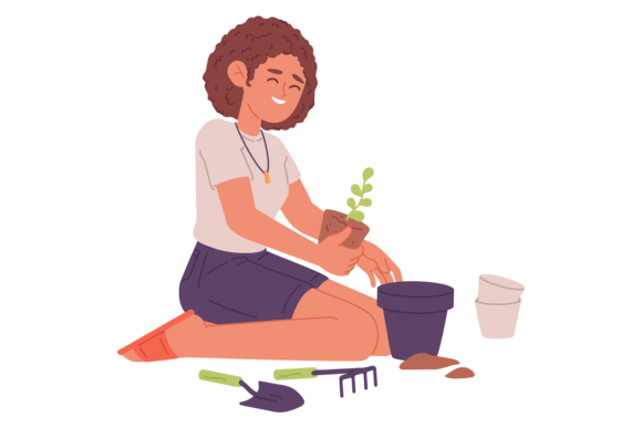 Woman Planting Flower in Soil Pot Color Graphics